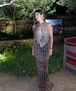 Maxi Εξώπλατο Φόρεμα Leopard με Βαθύ Ντεκολτέ