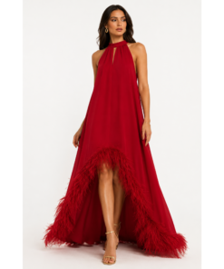 Εντυπωσιακό Maxi Με Halter Λαιμόκοψη Φόρεμα High-Low και Φτερά