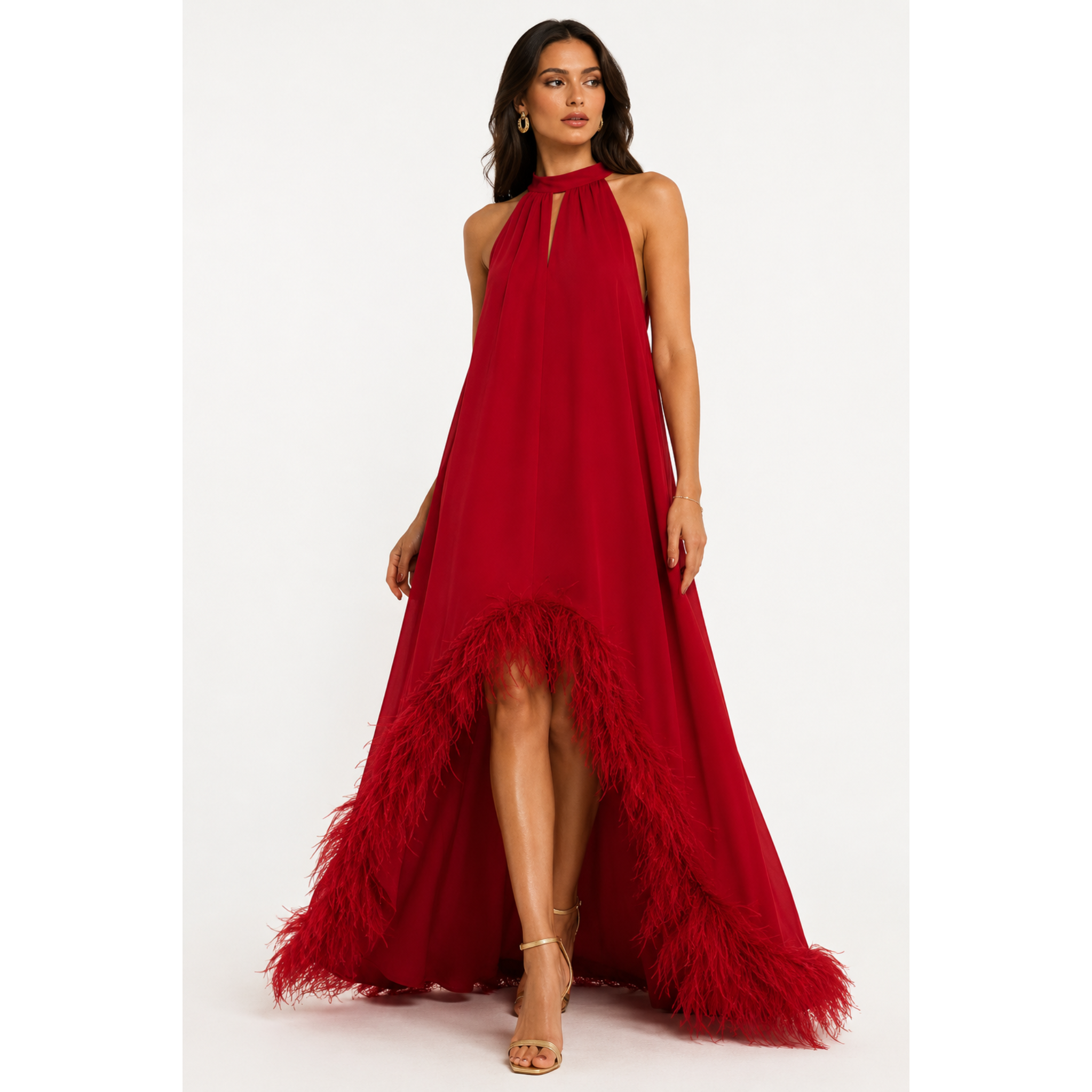 Εντυπωσιακό Maxi Με Halter Λαιμόκοψη Φόρεμα High-Low και Φτερά