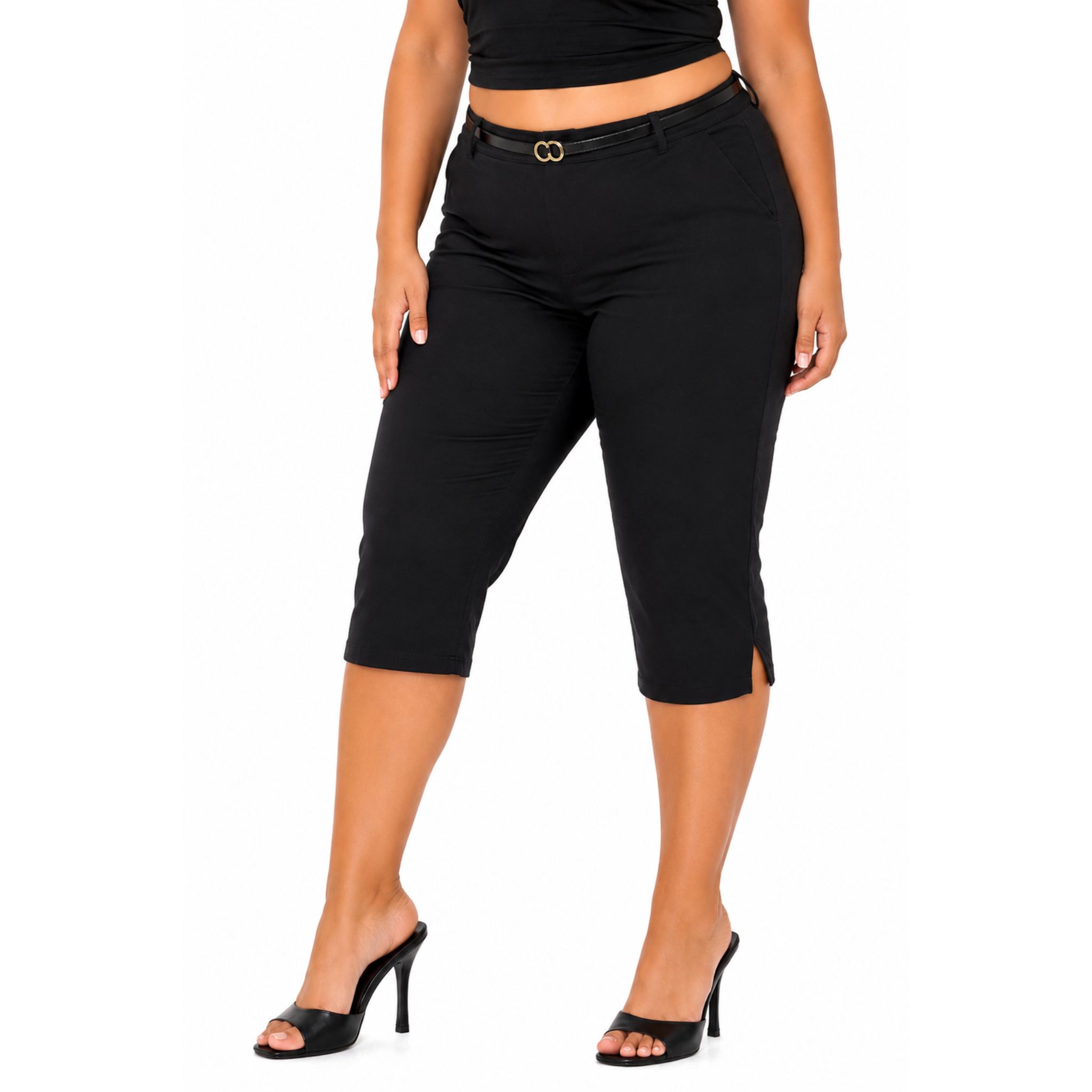 Plus Size Ψηλόμεσο Capri Παντελόνι με Ζώνη