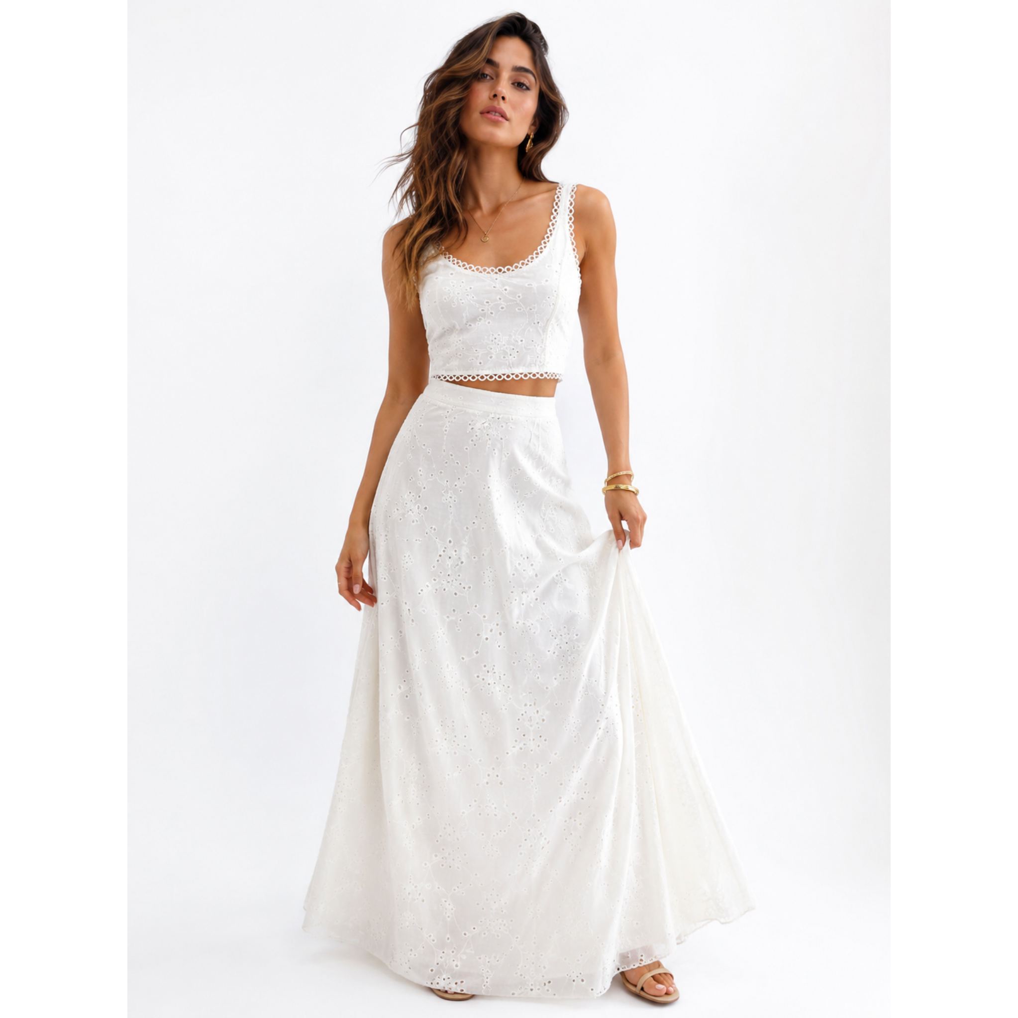 Βαμβακερό Λευκό Σετ Κιπούρ με Maxi Φούστα και Crop Top