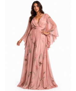 Plus Size Μάξι Φλοράλ Κρουαζέ Φόρεμα με Διάτρητα Μανίκια