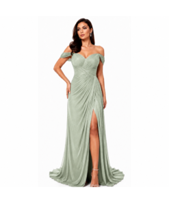 Plus Size Μέντα Off-Shoulder Maxi Φόρεμα με Σούρες & Σκίσιμο