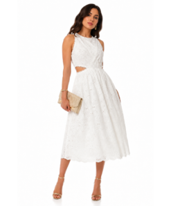 Λευκό Midi Φόρεμα Broderie με Cut-Out