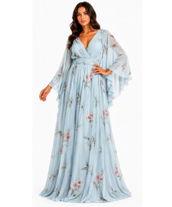 Plus Size Μάξι Φλοράλ Κρουαζέ Φόρεμα με Διάτρητα Μανίκια